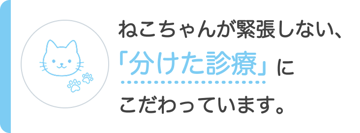 ねこちゃんが緊張しない、分けた診療にこだわっています